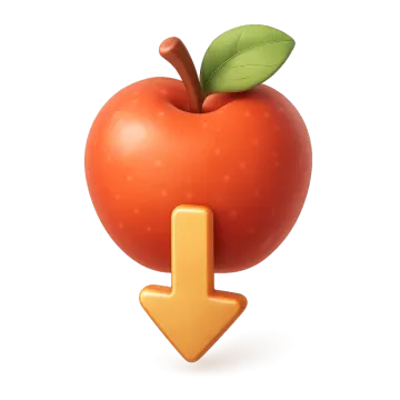 an orange apple with a green leaf on top