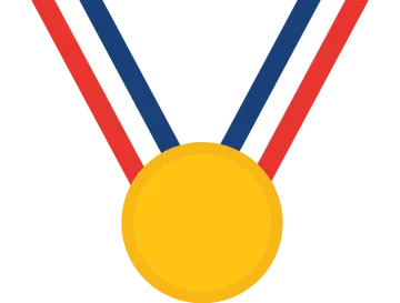a gold medal with red, white and blue ribbons