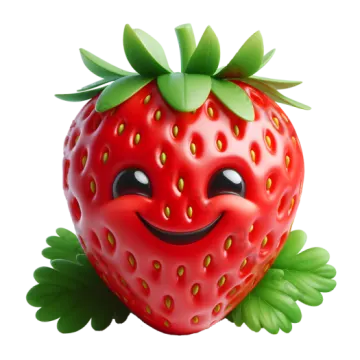 a smiling strawberry with green leaves on it