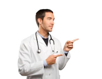 a man in a white lab coat pointing at something