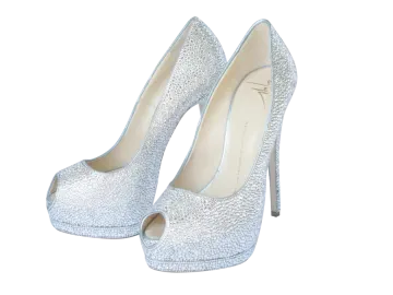 a pair of silver high heel shoes