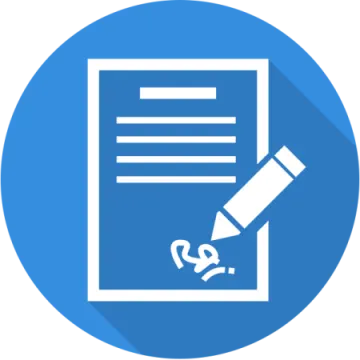 a blue circle with a pencil and paper