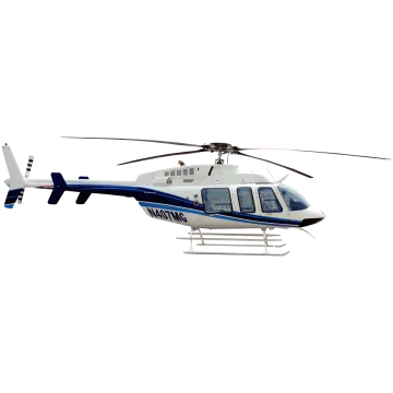 a blue and white helicopter flying in the sky