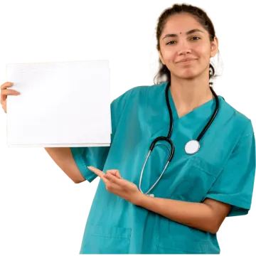 a woman in scrubs holding a white board