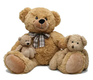 a brown teddy bear sitting next to two smaller teddy bears