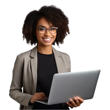 a woman wearing glasses and holding a laptop