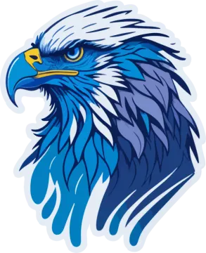 an eagle head with blue and white feathers