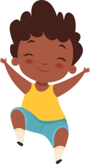a little boy in blue shorts and a yellow shirt