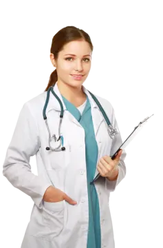 a female doctor holding a clipboard