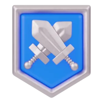 a blue shield with two screws on it