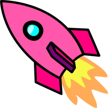 a pink rocket with a yellow flame coming out