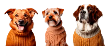 three dogs wearing sweaters