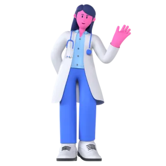 a female doctor in a white coat and blue pants