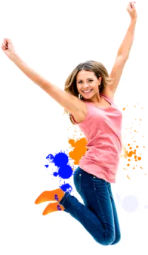 a woman jumping in the air with her arms up