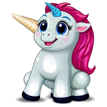 a cute unicorn with pink hair and blue eyes