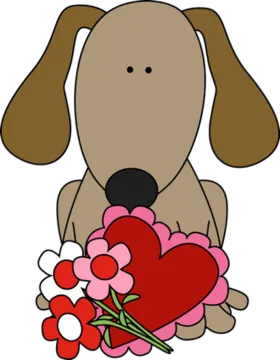 a dog holding a bunch of flowers