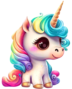 a cute unicorn with colorful hair sitting on the ground