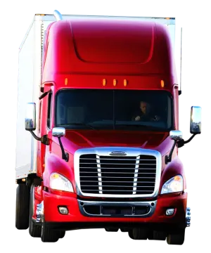 a red semi truck driving down the road