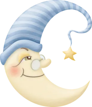a cartoon moon with a blue and white striped hat