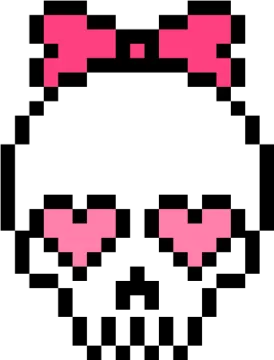 a pixel skull with pink eyes