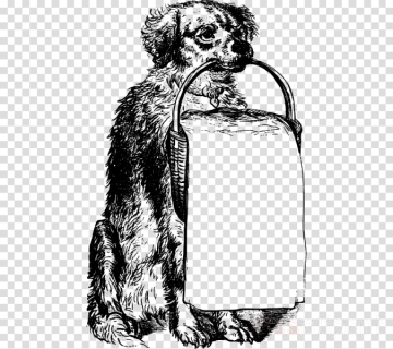 a black and white drawing of a dog holding a bucket