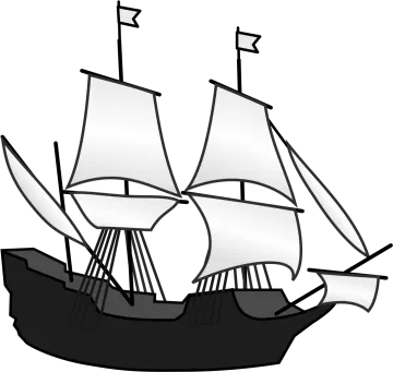 a black and white pirate ship with sails