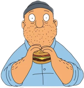 a man with a beard eating a hamburger