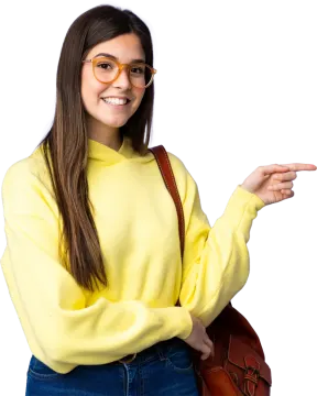 a woman in a yellow sweater pointing at the camera
