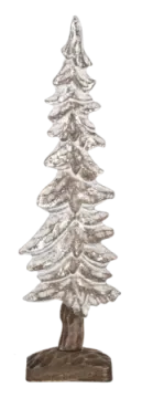 a silver christmas tree on a wooden base