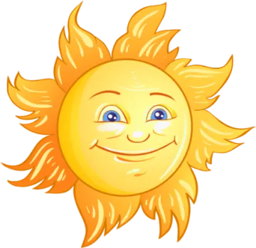 a smiling sun with blue eyes