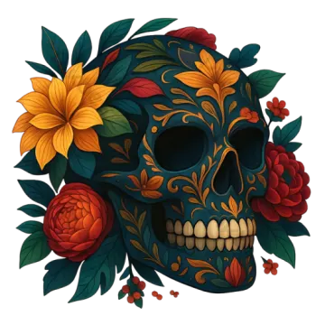 a skull with flowers and leaves