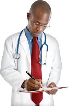 a doctor writing on a clipboard