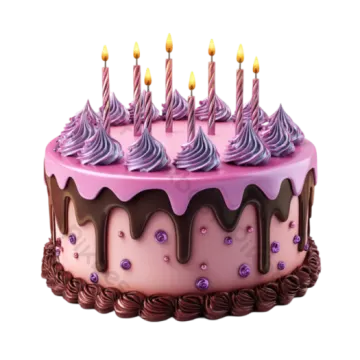 a pink birthday cake with chocolate icing and candles