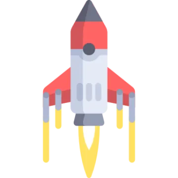 a rocket with a red and yellow tail