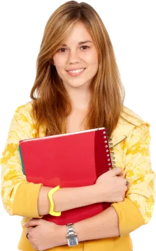 a girl holding a red book and smiling