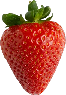 a strawberry with green leaves on it