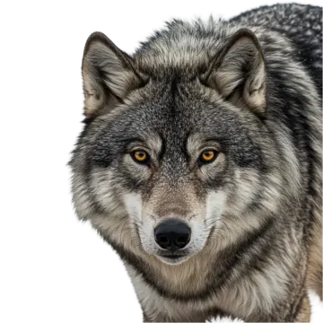 a gray wolf standing in front of a white background