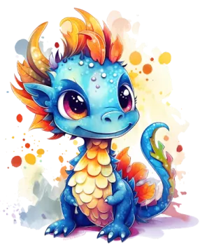 a cute little blue dragon with orange and yellow wings