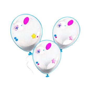 three white balloons with colorful designs on them