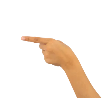 a hand pointing at something on a white background