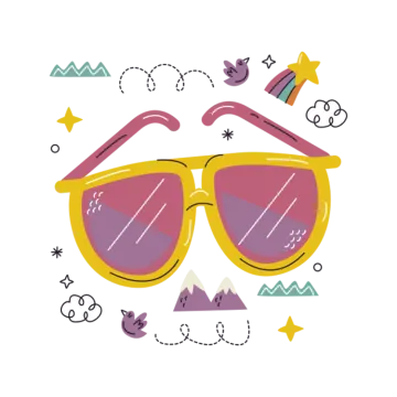 a pair of sunglasses with mountains and stars in the background