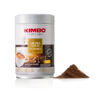 a canister with coffee beans and cocoa powder