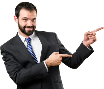a man in a suit pointing at something