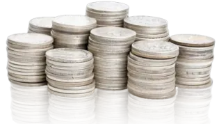 a pile of coins on a white background