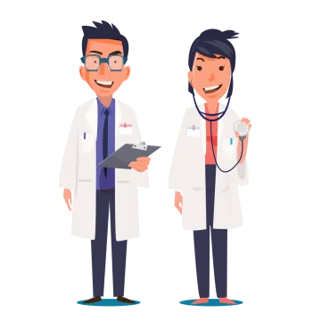 a man and woman in white lab coats holding a clipboard