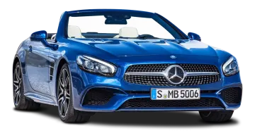 the front view of a blue mercedes sports car