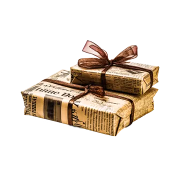 three wrapped gift boxes with brown ribbon and bow
