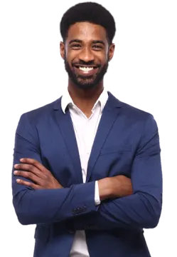 a man in a blue suit with his arms crossed