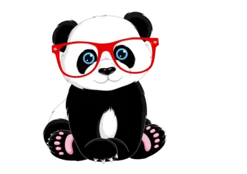 a panda with glasses sitting on the ground