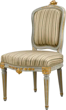 a chair with striped upholing on the back